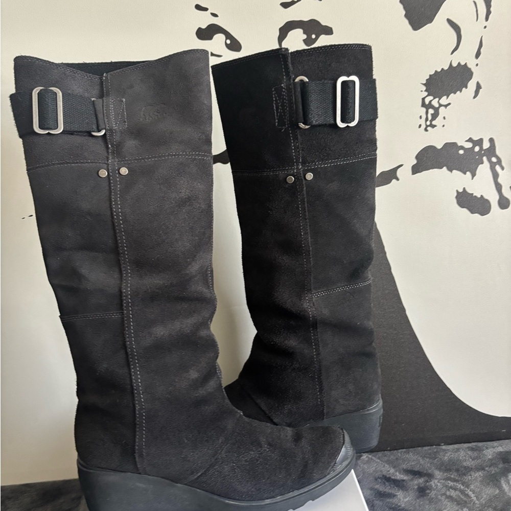 Sorel Black Suede Mid-Calf Wedge Booties with Buckle